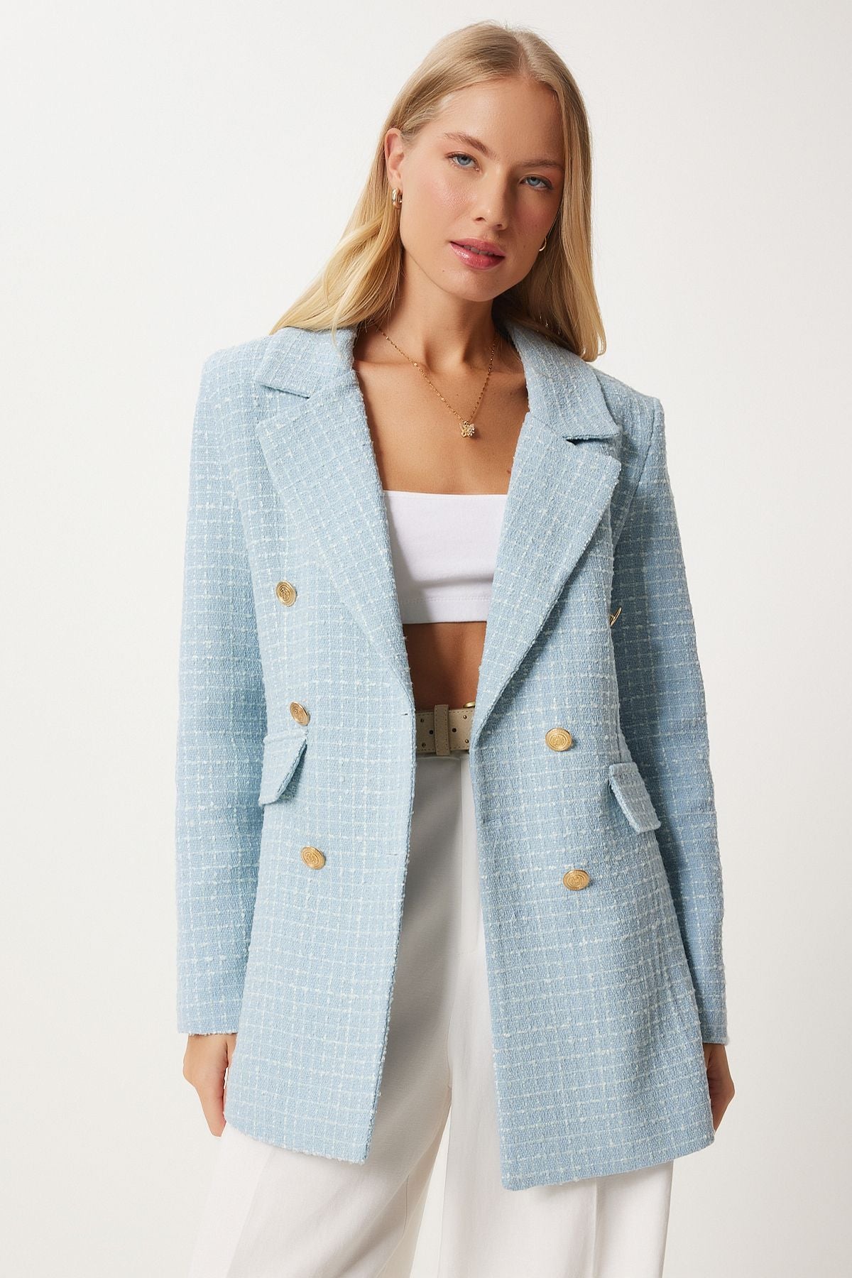 Gök Mavi Dügmeli Blazer Tüvit Ceket WF00004