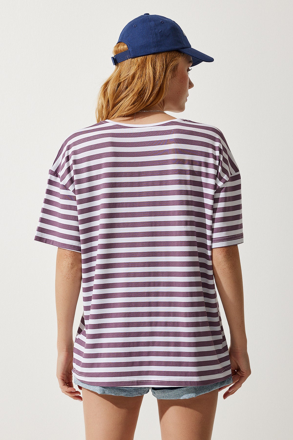 Leylak Bisiklet Yaka Çizgili Oversize Örme T-Shirt EN00609