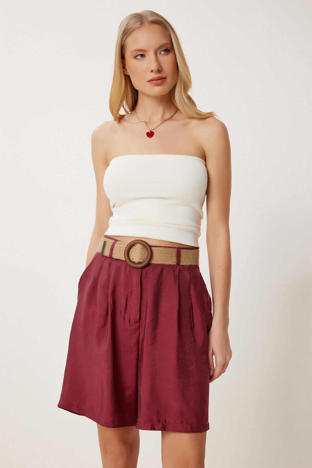 Bordo Hasır Kemerli Şehir Boy Ayrobin Bermuda Şort DP00258