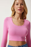 Pembe U Yaka Fitilli Crop Triko Bluz PF00068