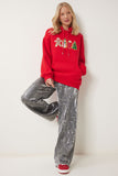 Kırmızı Yılbaşı Temalı Kapüşonlu Şardonlu Örme Sweatshirt TQ00001