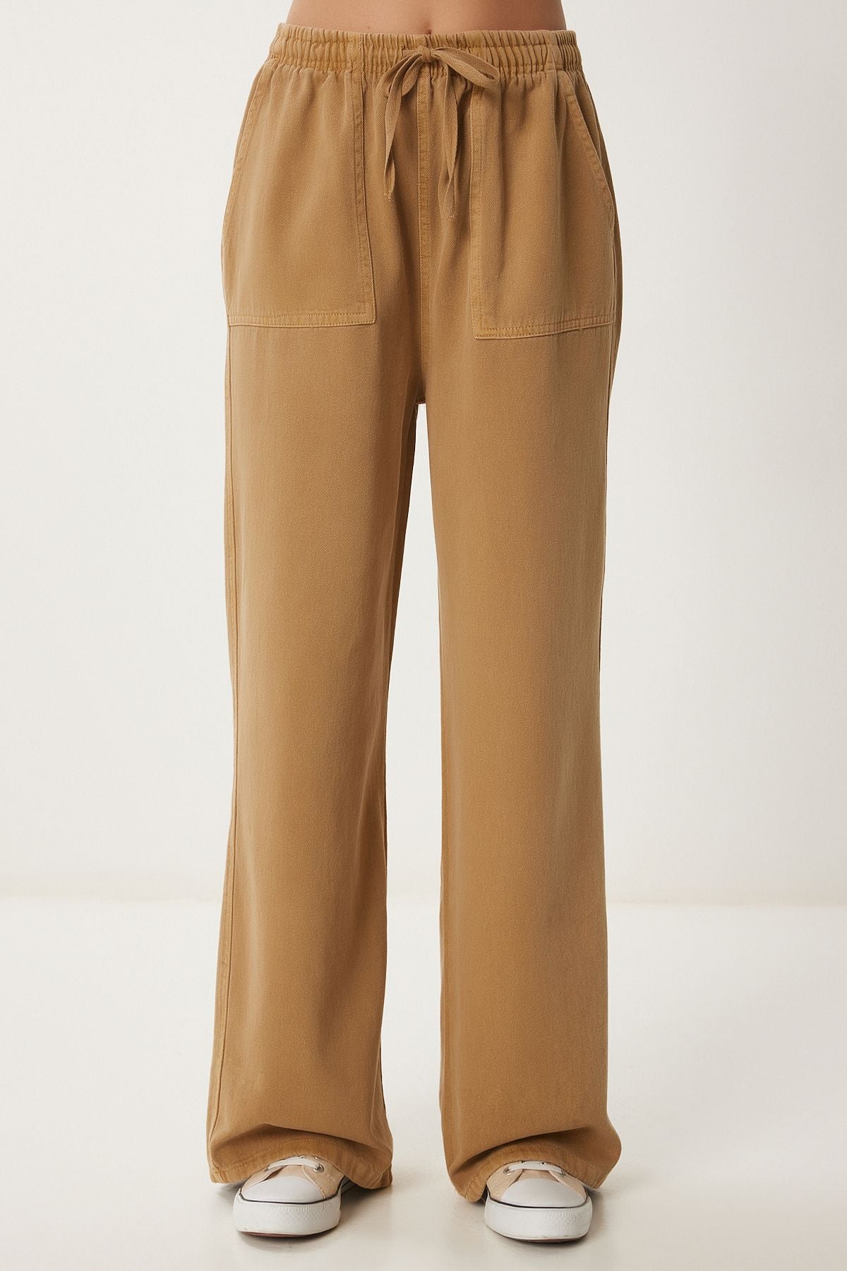 Camel Soluk Efektli Geniş Paça Denim Palazzo Pantolon MX00179