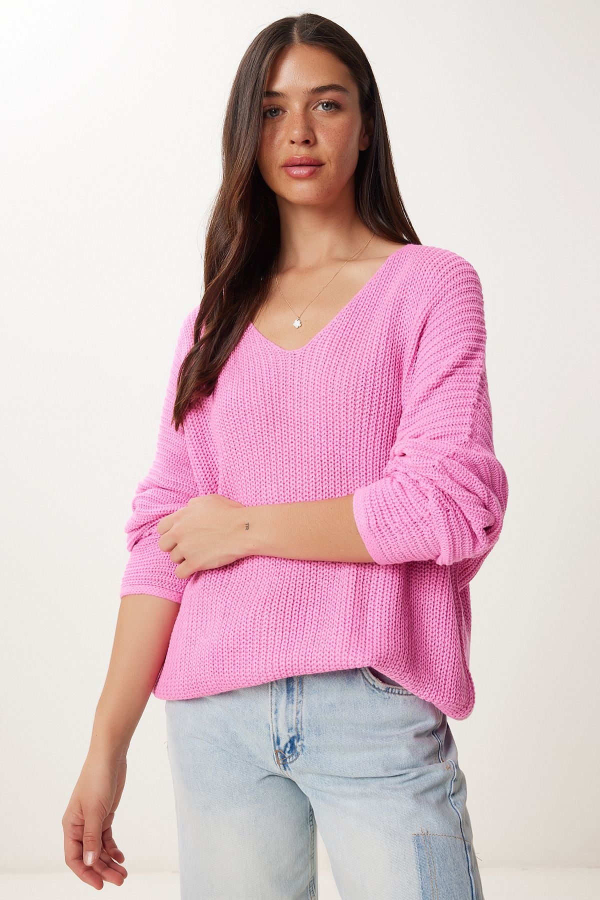 Pembe V Yaka Selanik Örgü Oversize Triko Kazak ZA00059
