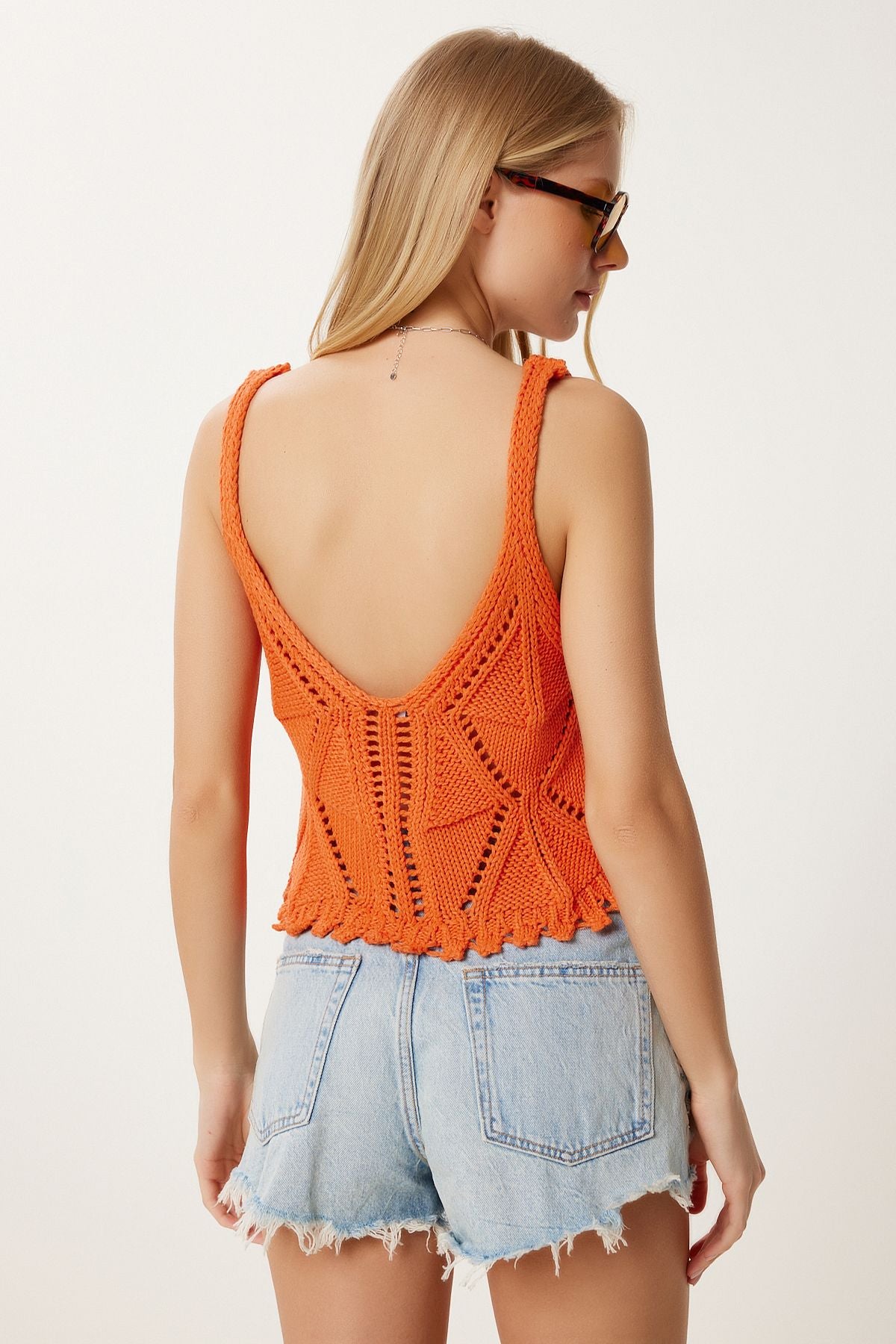 Oranj Ajurlu Yazlık Esnek Crop Triko Bluz NS00446