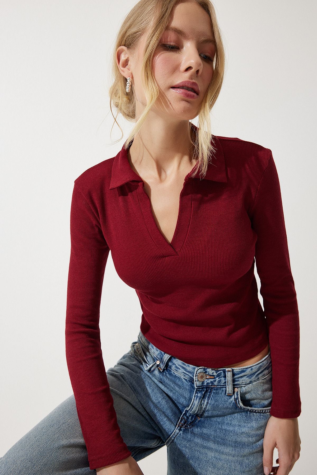 Bordo Polo Yaka Fitilli Örme Bluz GT00111