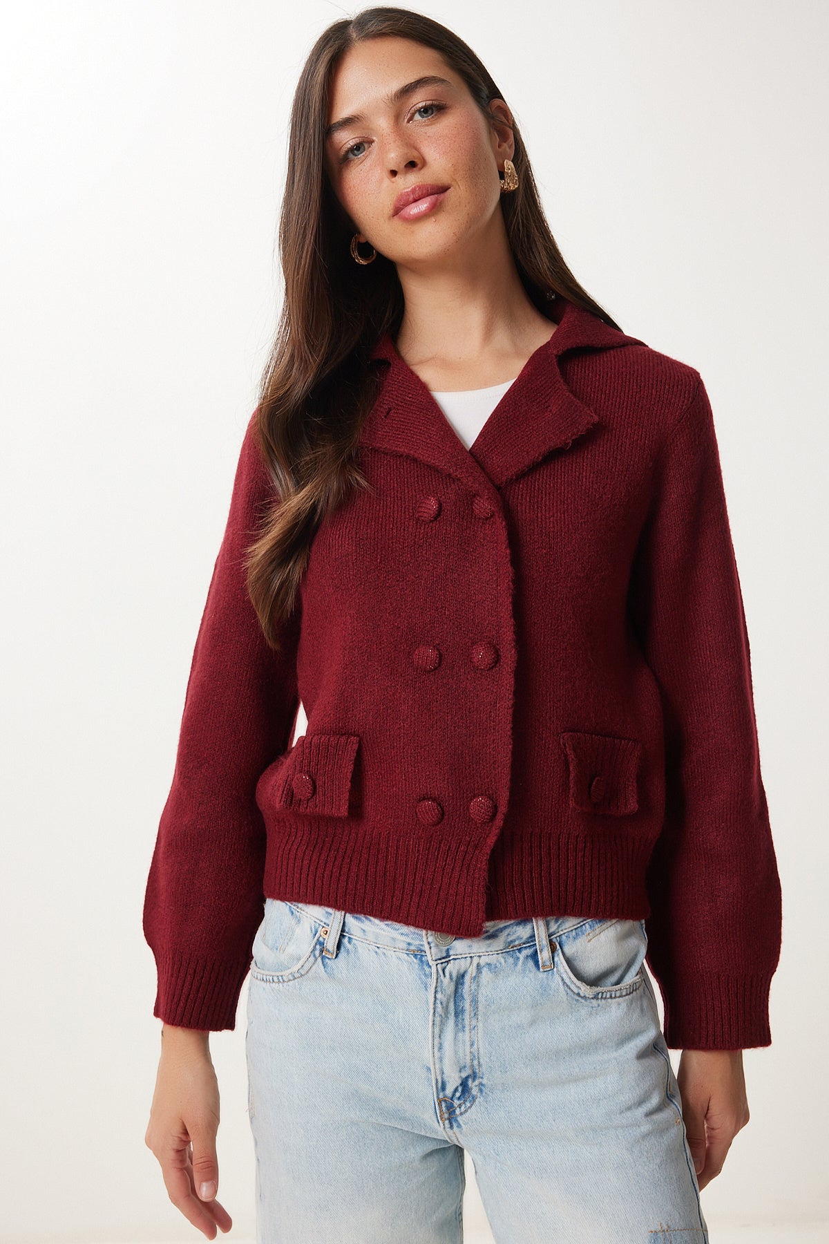 Bordo Çift Düğmeli Triko Hırka YY00242
