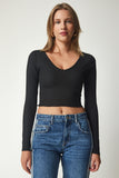 Siyah V Yaka Crop Örme Bluz UB00201