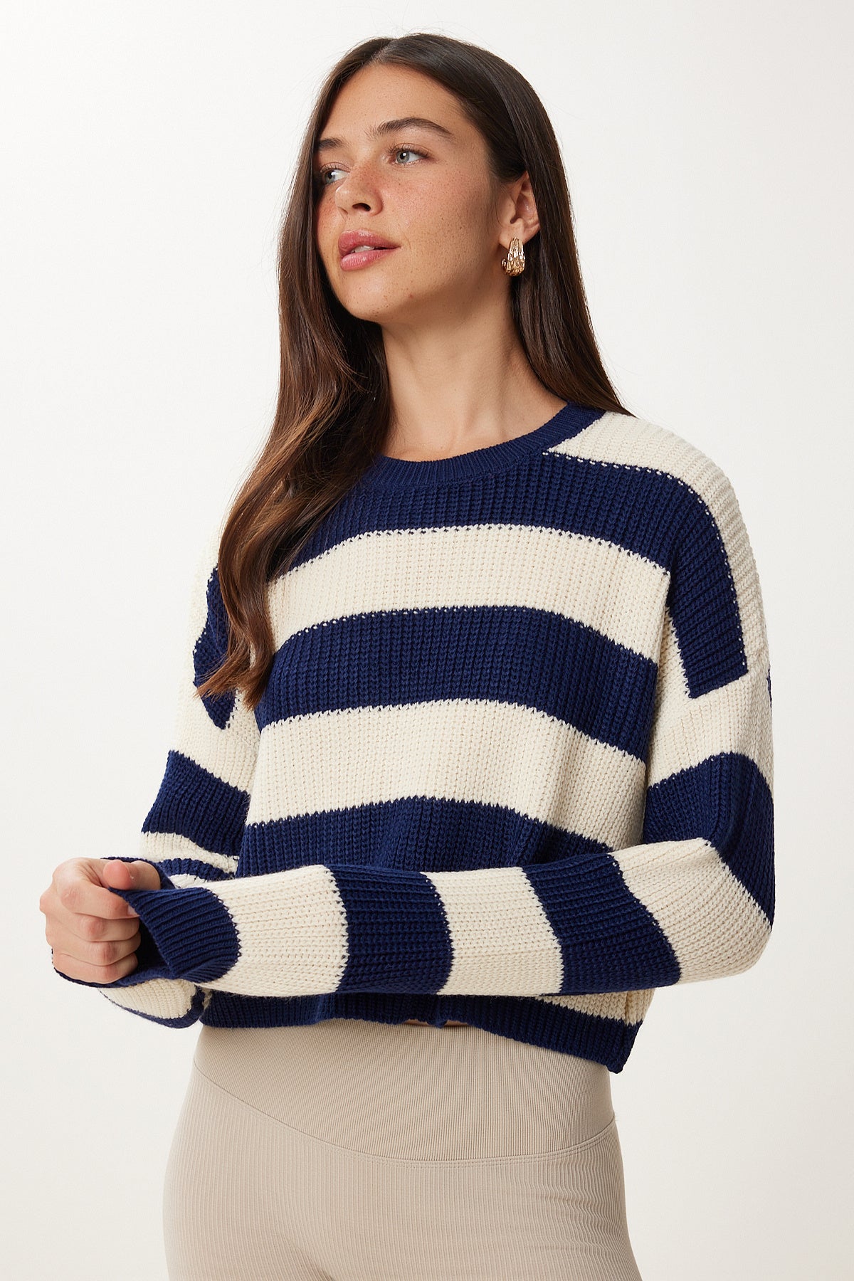 Lacivert Krem Çizgili Crop Triko Kazak PF00058