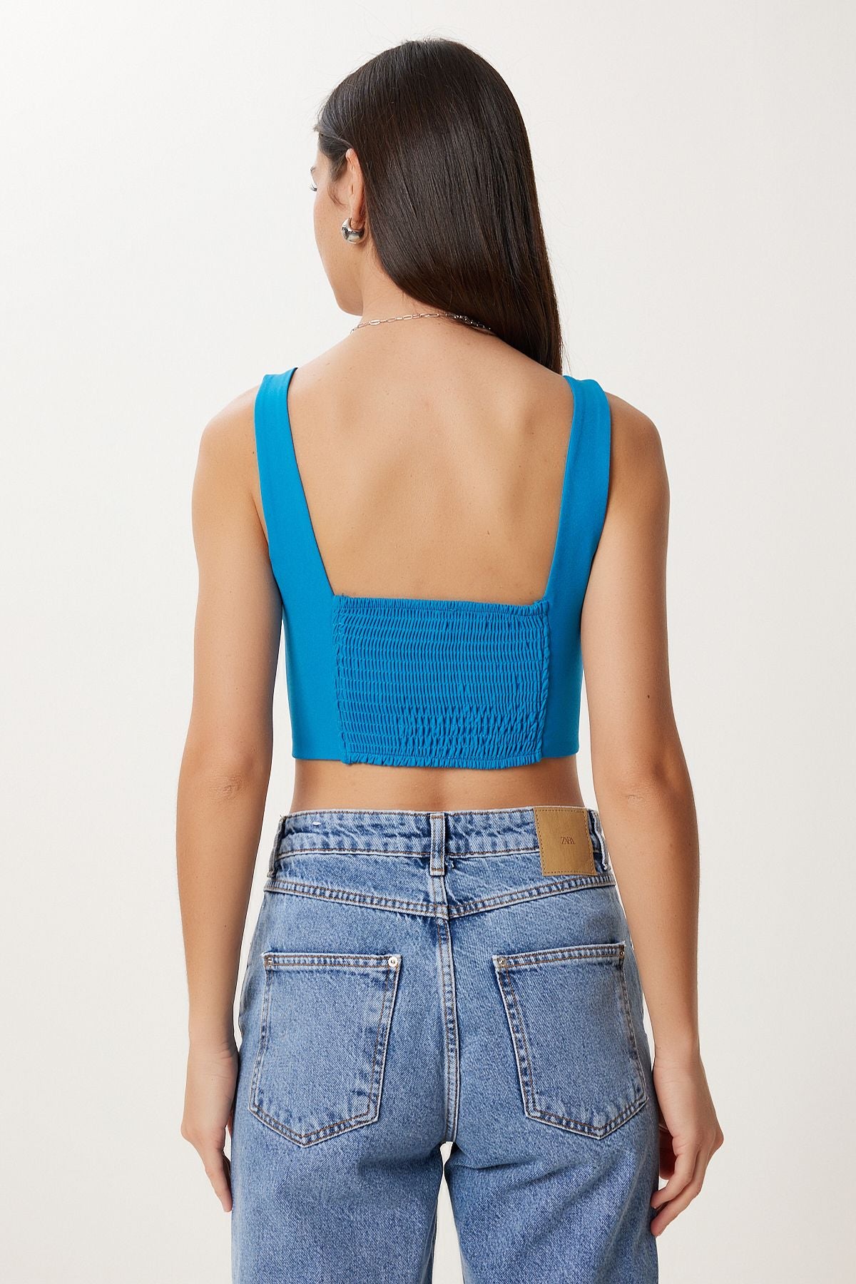 Yeşil Mavi 2’Li Paket Askılı Crop Dokuma Bluz MX00220