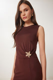 Kahverengi Gold Tokalı Midi Sandy Elbise KH00097
