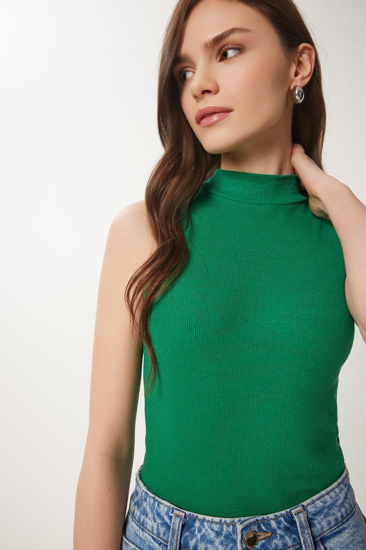 Yeşil Boğazlı Pamuklu Örme Bluz GT00004