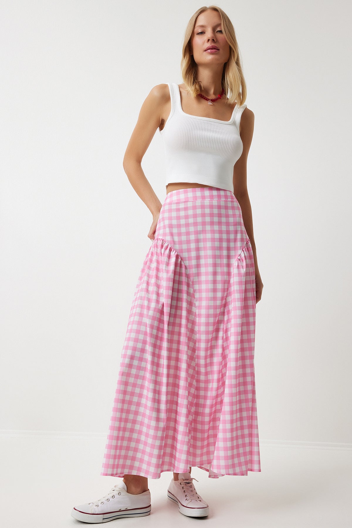 Pembe Pötikare Volanlı Yazlık Poplin Etek UL00024