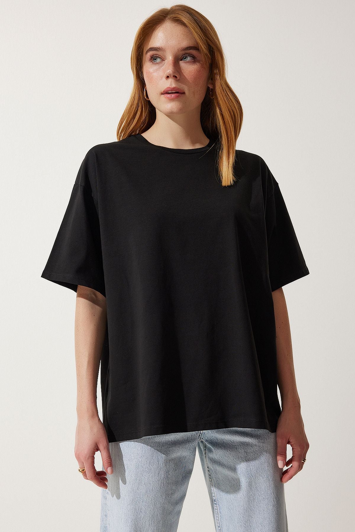 Siyah Basic Oversize Örme T-Shirt HW00007