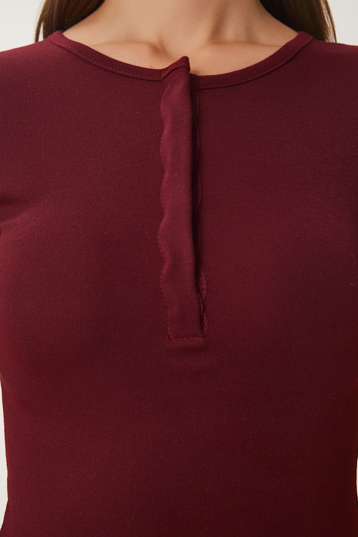 Bordo Çıtçıtlı Basic Örme Crop Bluz FW00004