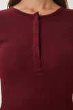 Bordo Çıtçıtlı Basic Örme Crop Bluz FW00004