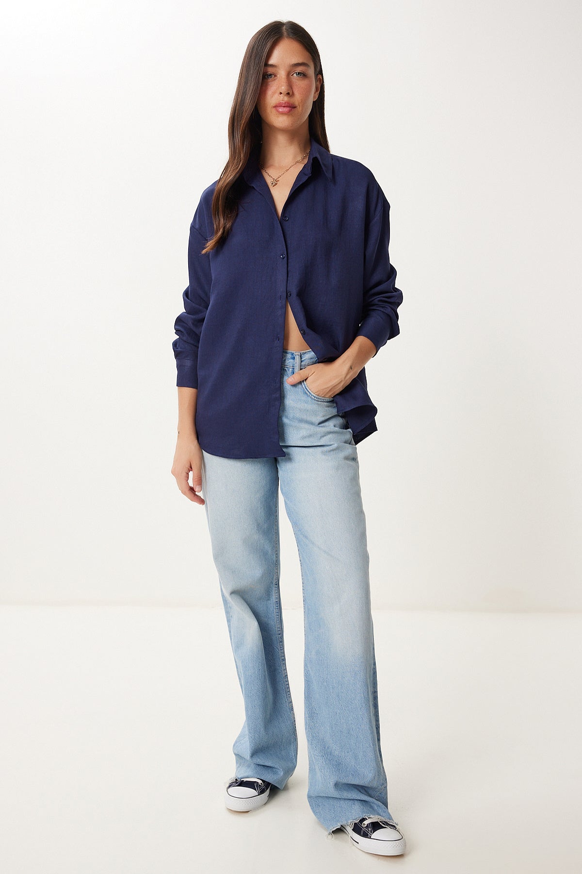 Lacivert Oversize Keten Gömlek PB00052
