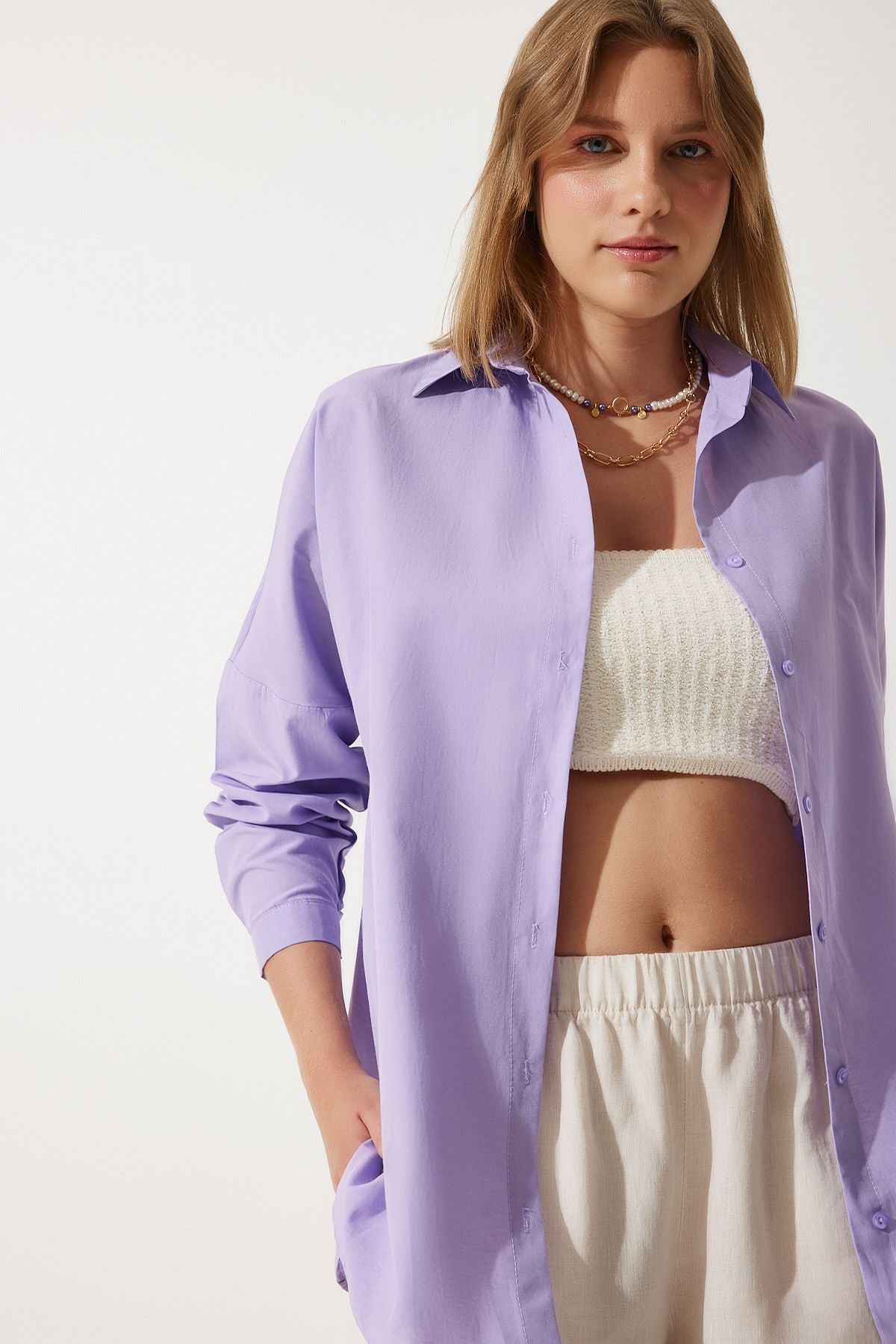 Lila Oversize Uzun Basic Gömlek DD00842