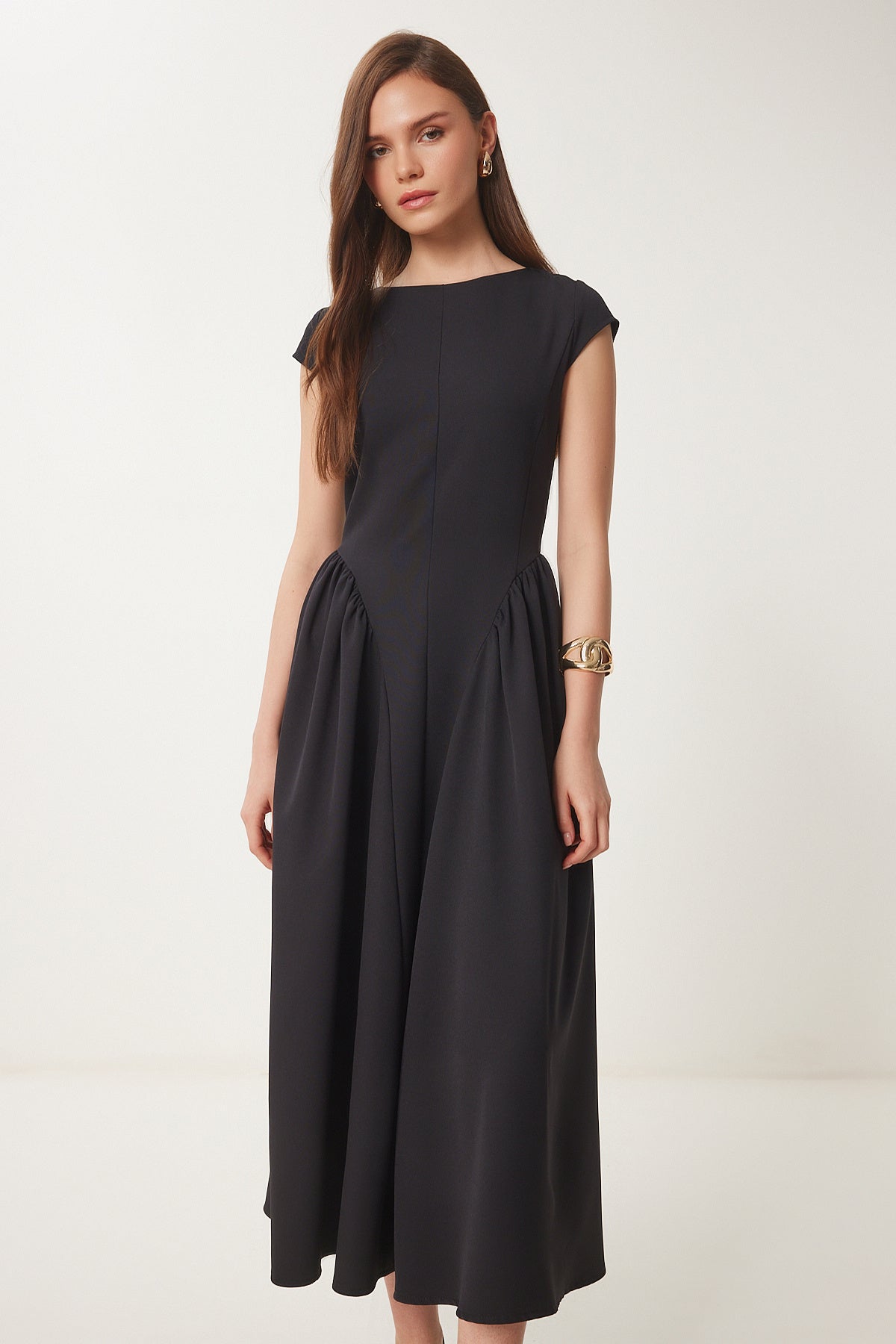 Siyah Midi Poplin Elbise UB00359