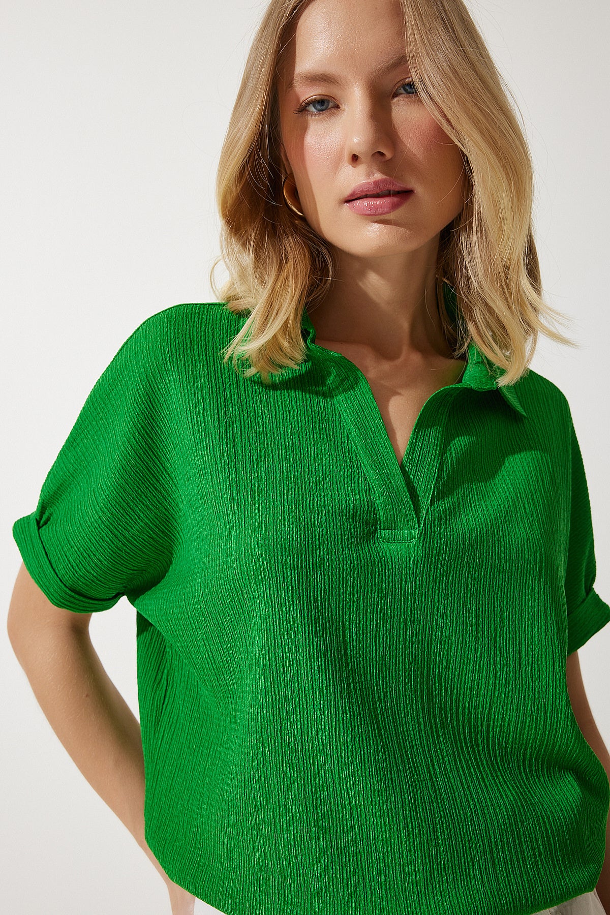 Yeşil Polo Yaka Örme Krinkıl Bluz DD01299