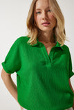Yeşil Polo Yaka Örme Krinkıl Bluz DD01299