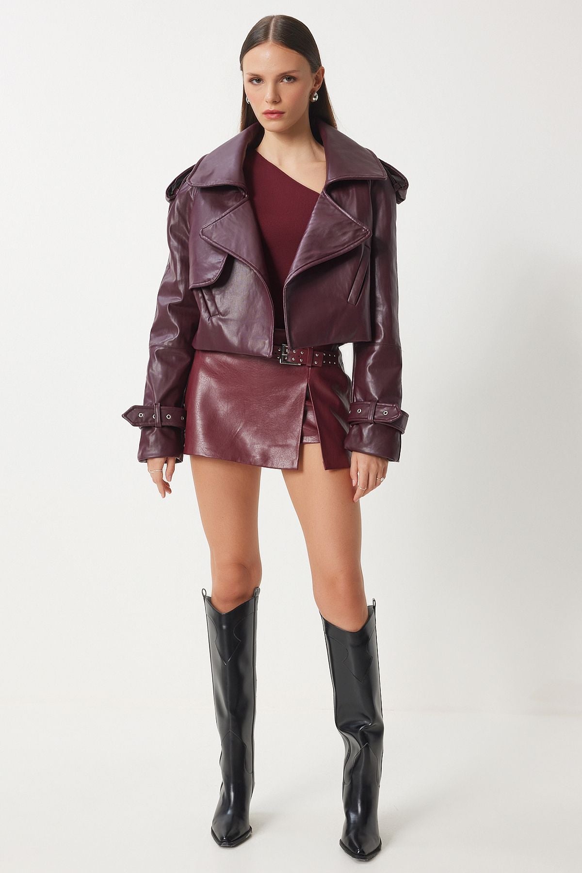 Bordo Oversize Suni Deri Ceket OH00059