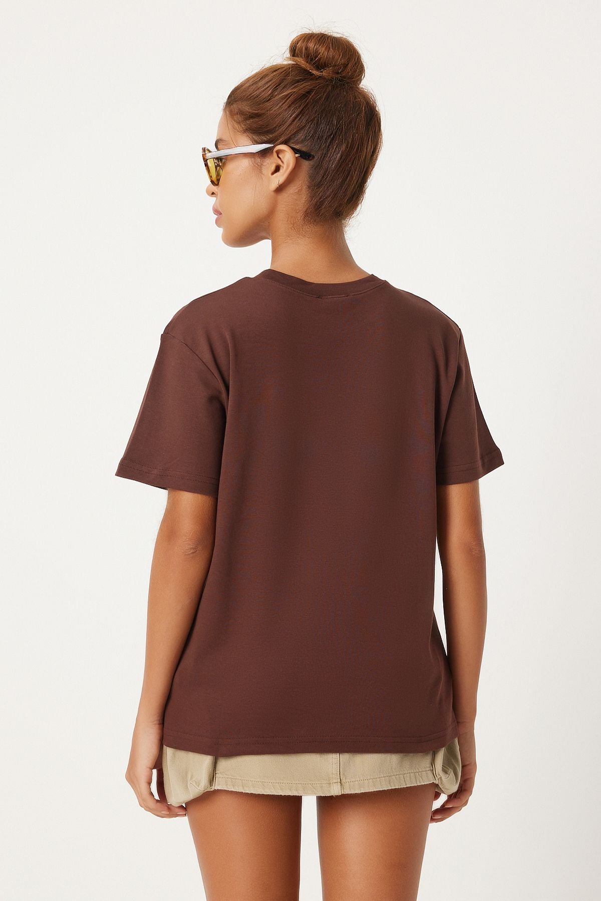 Kahverengi Bisiklet Yaka %100 Pamuk Penye T-Shirt FN03265