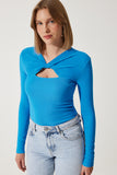 Canlı Mavi Cut Out Detaylı Fitilli Örme Bluz SF00005