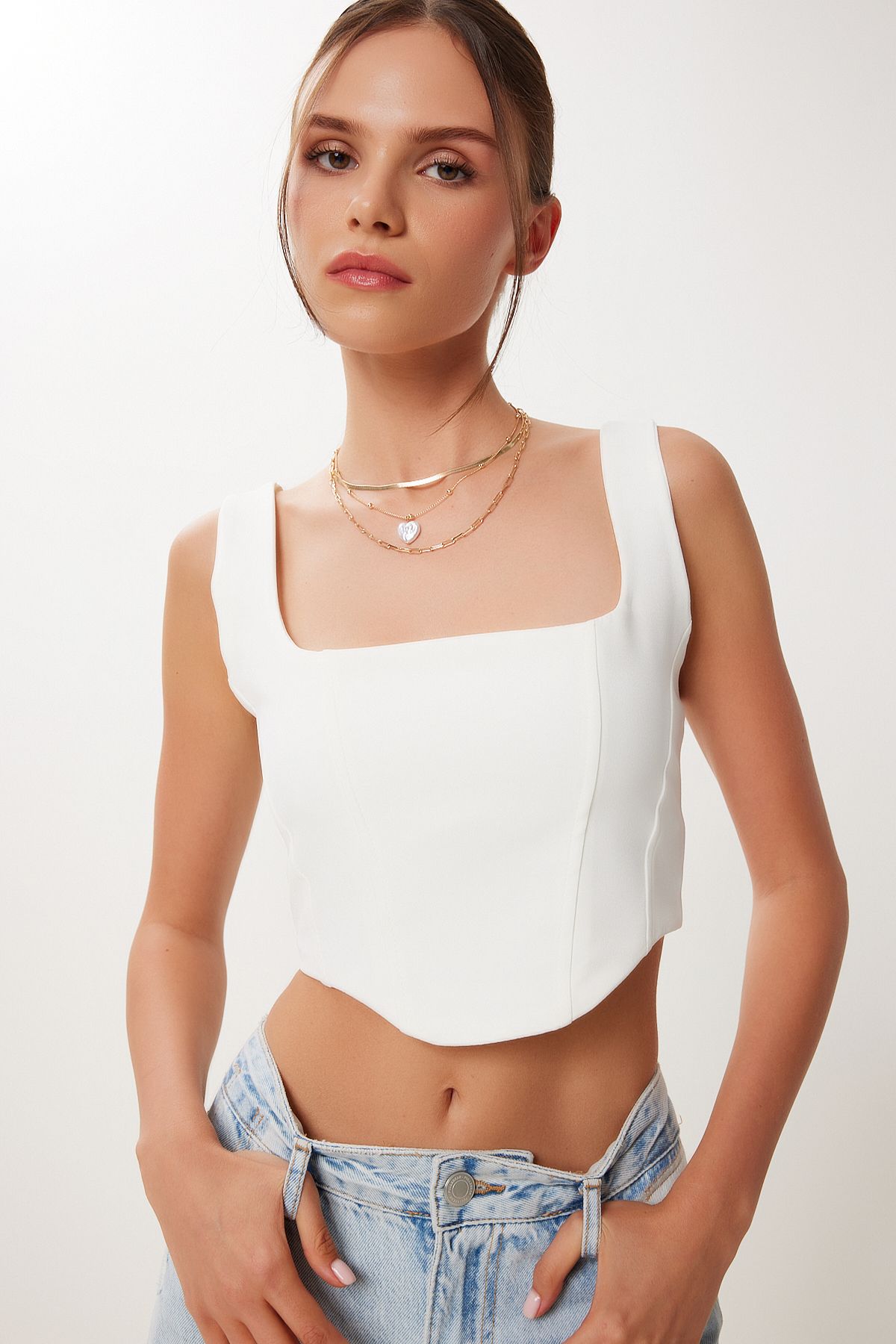 Ekru Krem 2’Li Paket Askılı Crop Dokuma Bluz MX00220