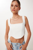 Ekru Krem 2’Li Paket Askılı Crop Dokuma Bluz MX00220