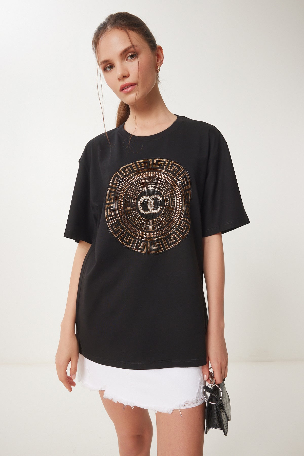 Siyah Şık Taşlı Örme T-Shirt BW00005
