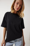 Siyah Bisiklet Yaka Basic Oversize Örme T-Shirt BF00091