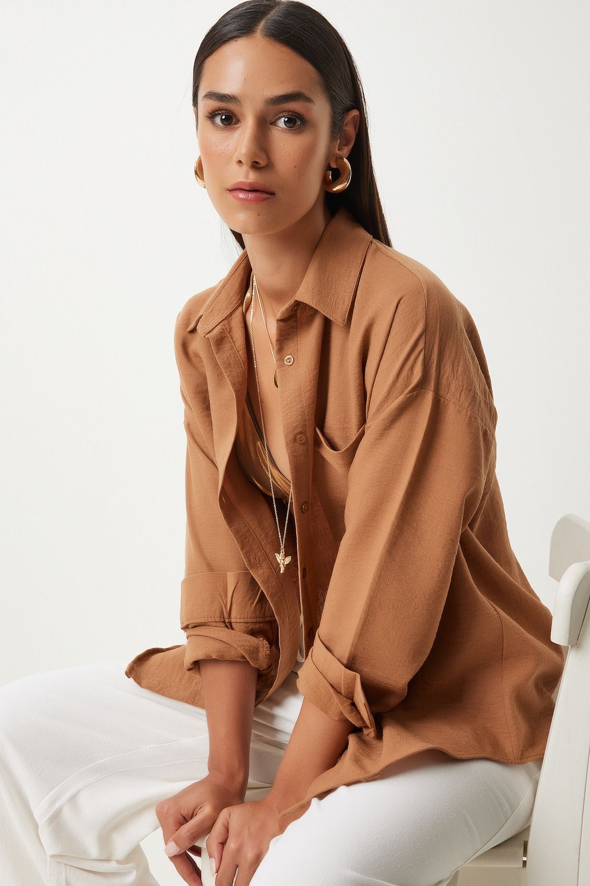 Taba Oversize Keten Ayrobin Gömlek DD01222