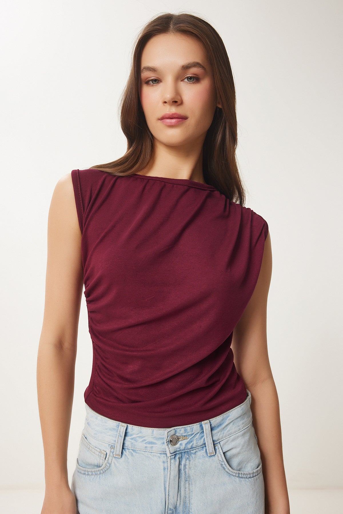 Bordo Büzgülü Örme Bluz ZV00283