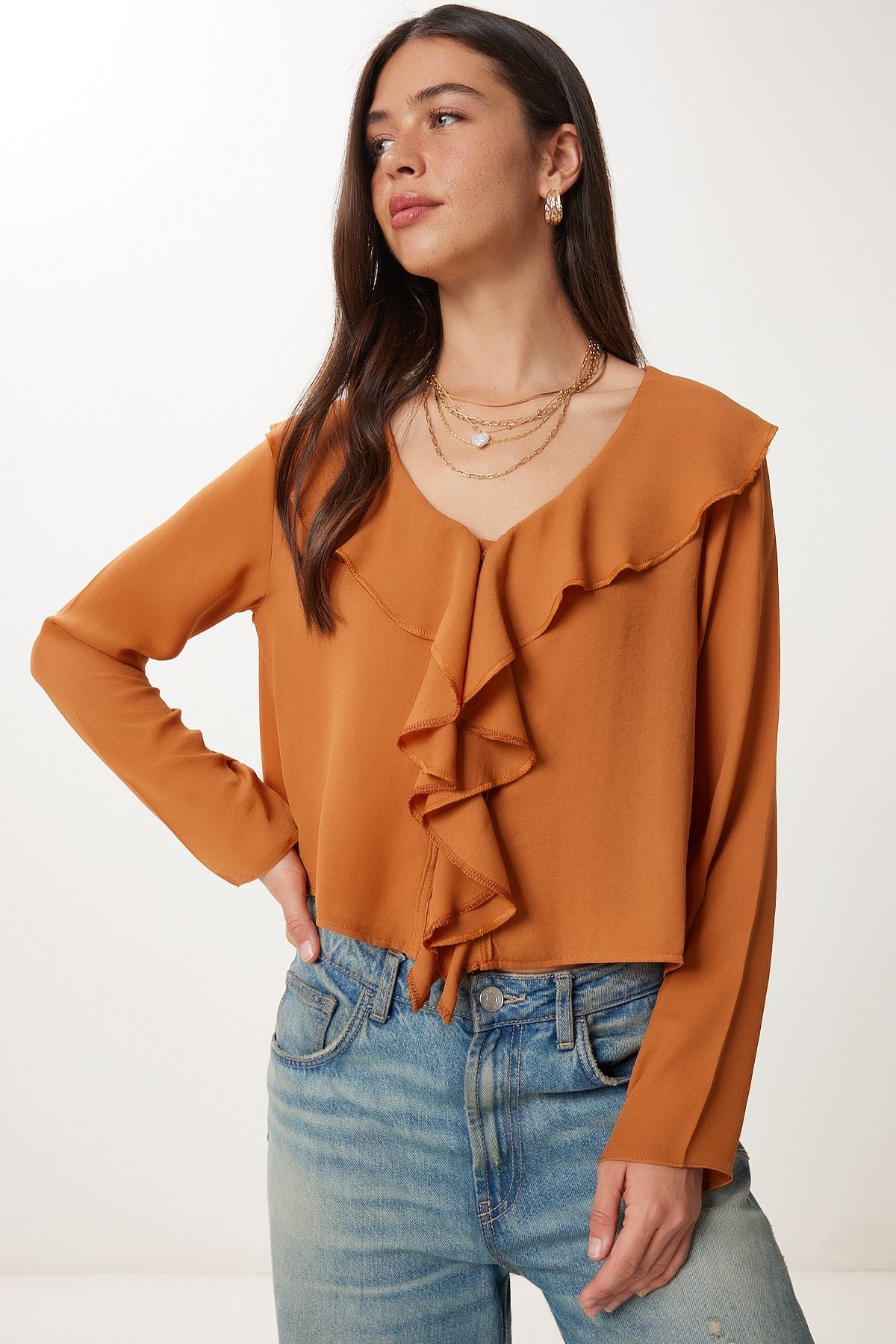 Tarçın Volanlı Hafif Transparan Şifon Bluz DM00142