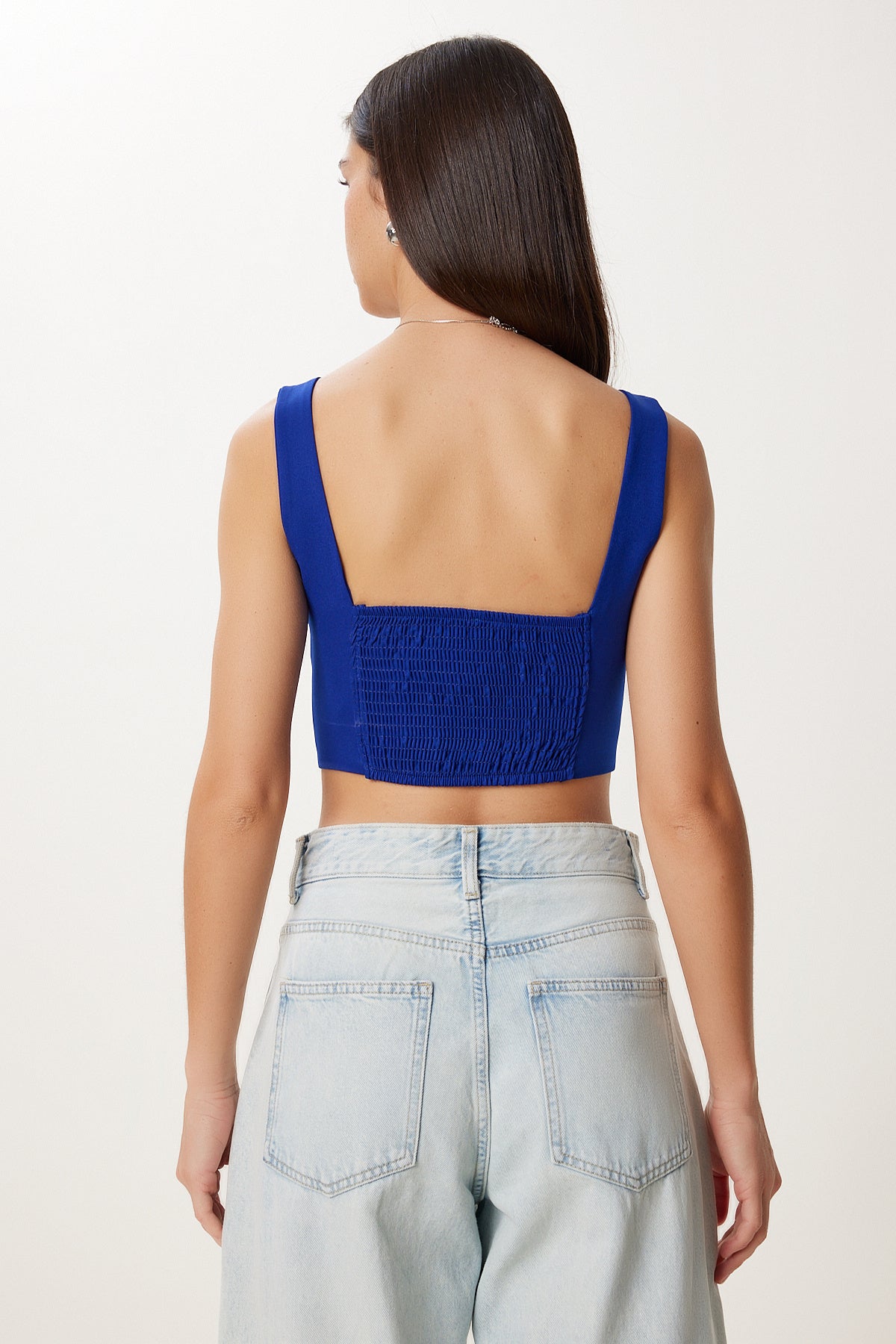 Oranj Koyu Mavi 2’Li Paket Askılı Crop Dokuma Bluz MX00220