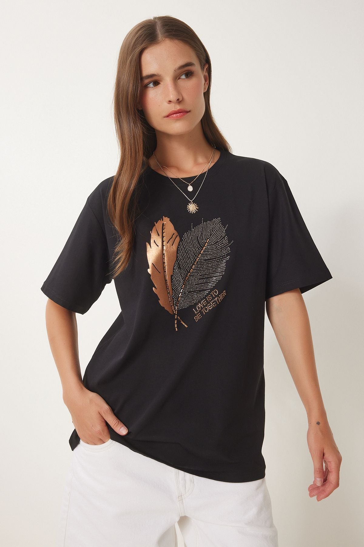 Siyah Taş Detaylı Baskılı Örme T-Shirt BW00004