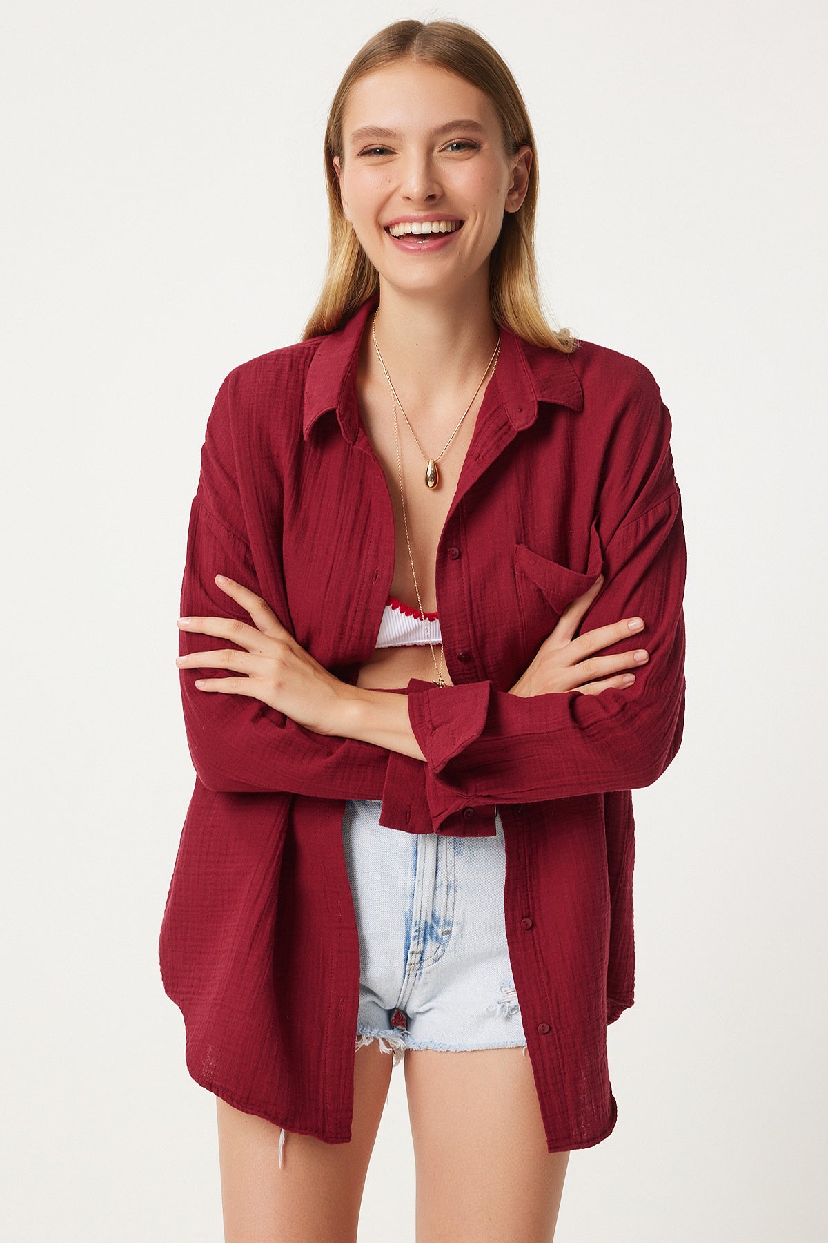 Bordo Oversize Basic Müslin Gömlek  MX00150