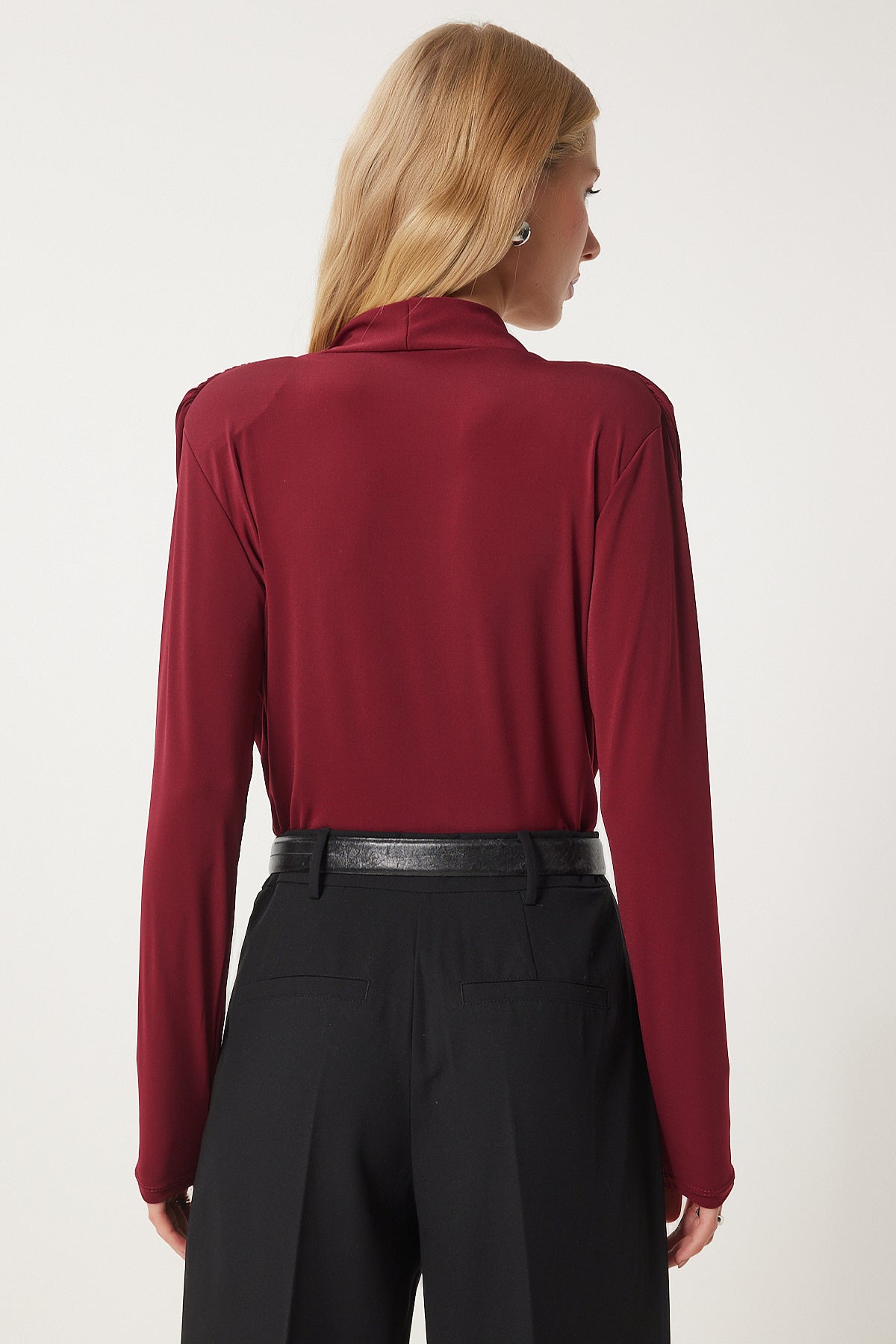 Bordo Anvelop Yaka Vatkalı Çıtçıtlı Sandy Bluz ZH00039