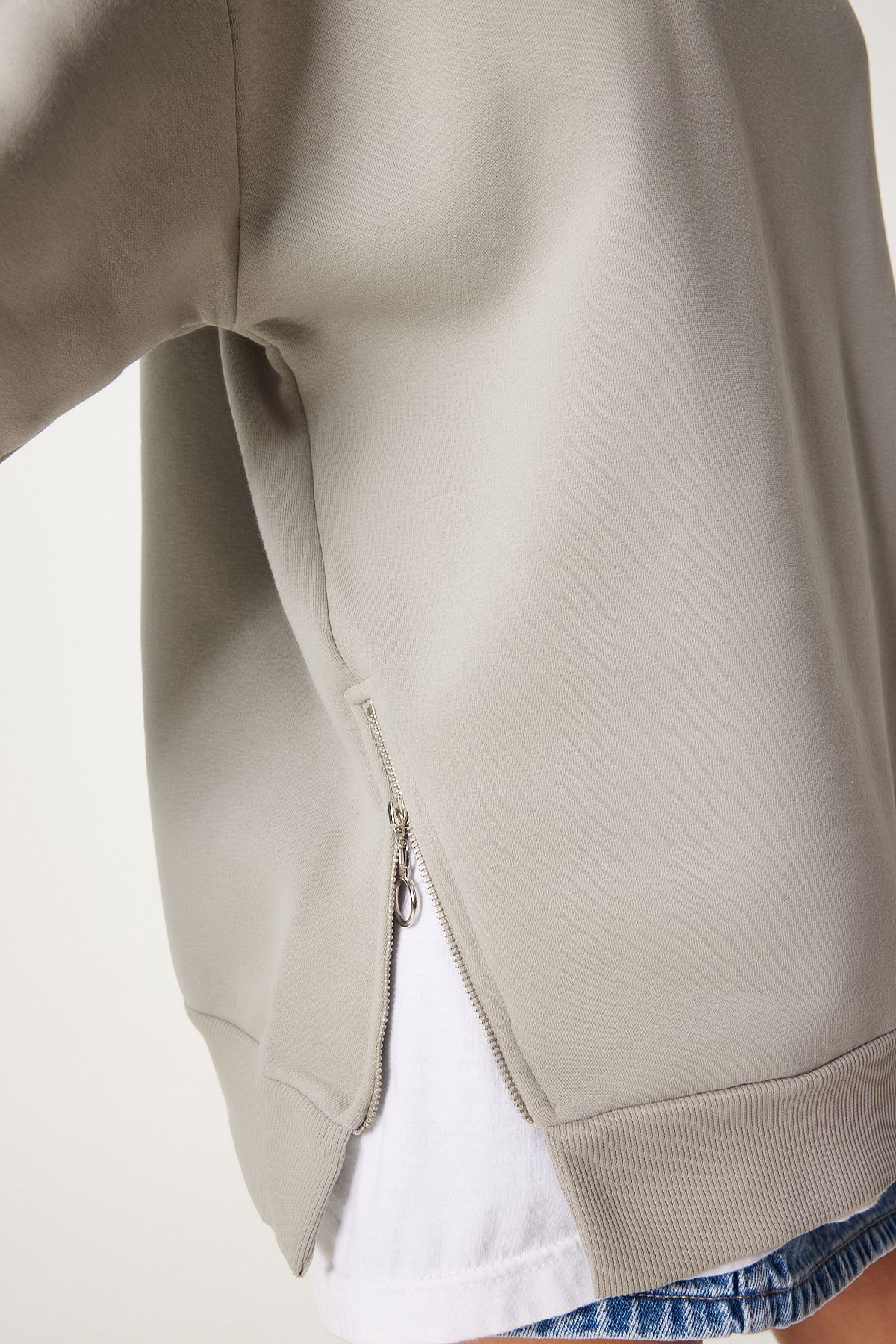 Taş Grisi Fermuar Detaylı Şardonlu Örme Sweatshirt UB00148