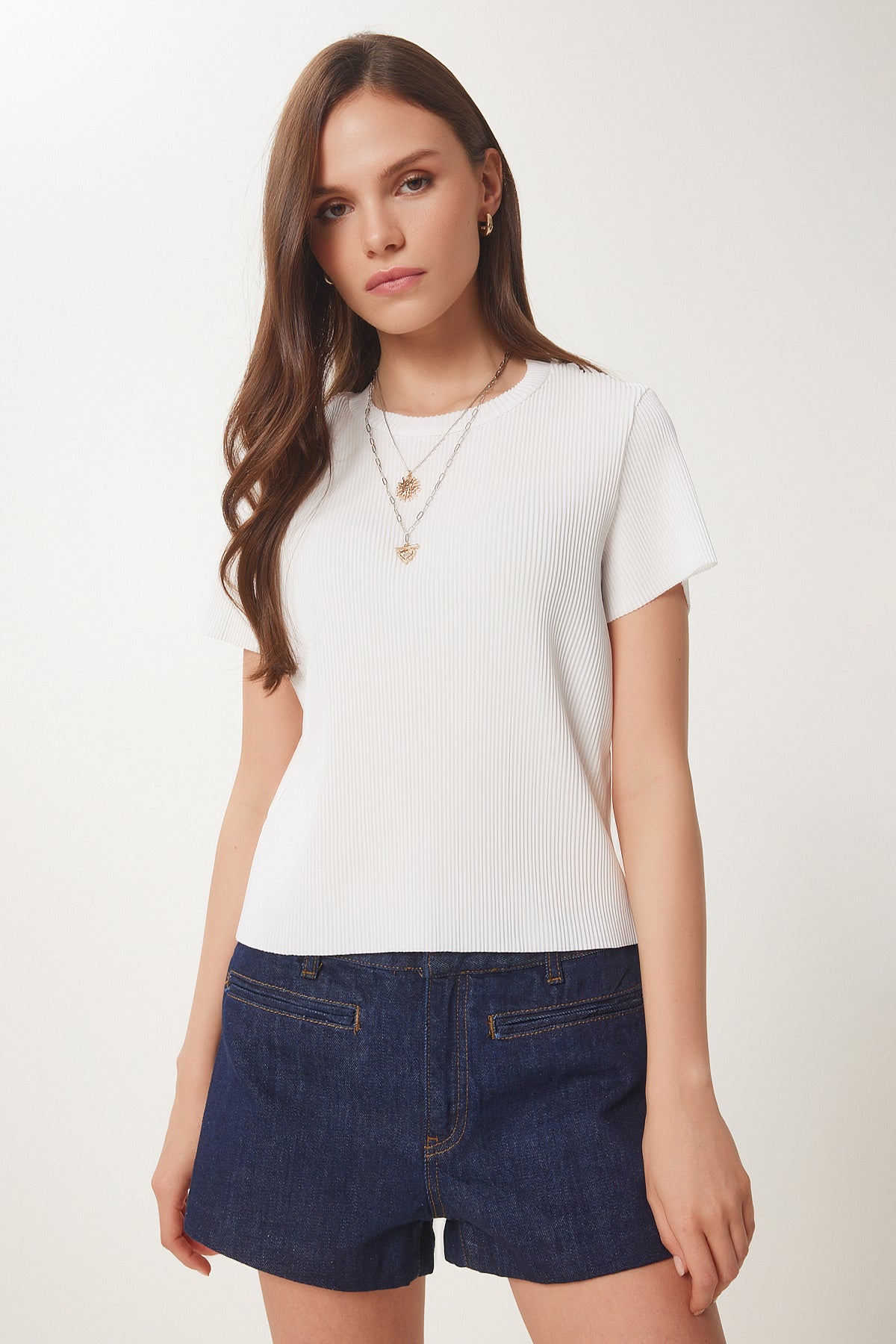 Beyaz Basic Fitilli Örme Bluz HF00468