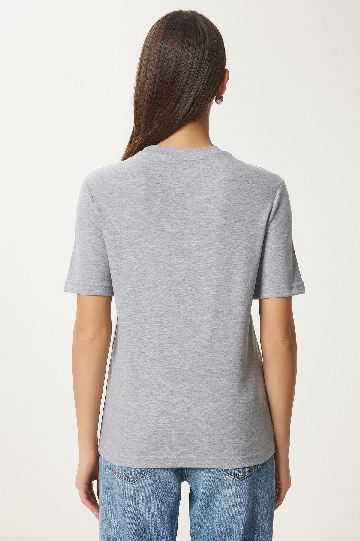 Gri Melanj Pamuklu Basic Örme T-Shirt AG00001