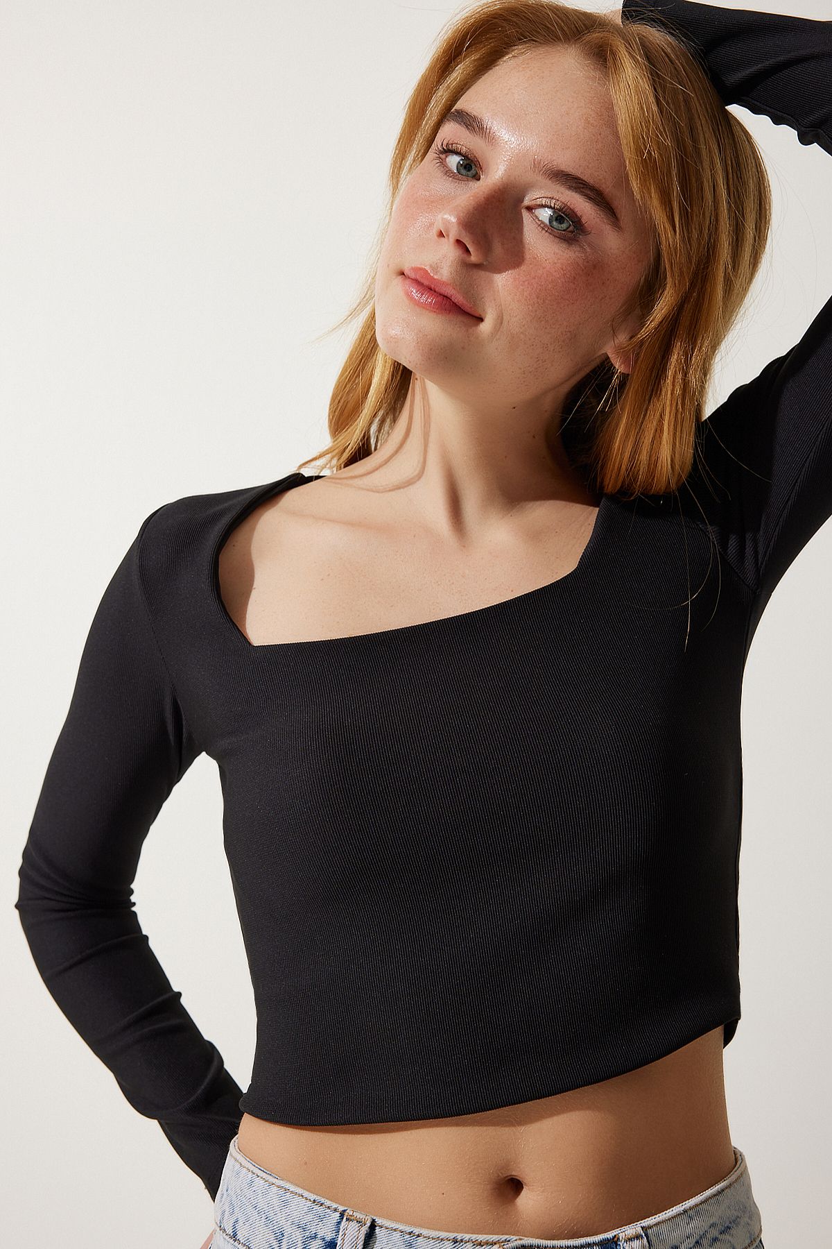 Siyah Kare Yaka Fitilli Crop Örme Bluz AN00176