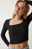 Siyah Kare Yaka Fitilli Crop Örme Bluz AN00176