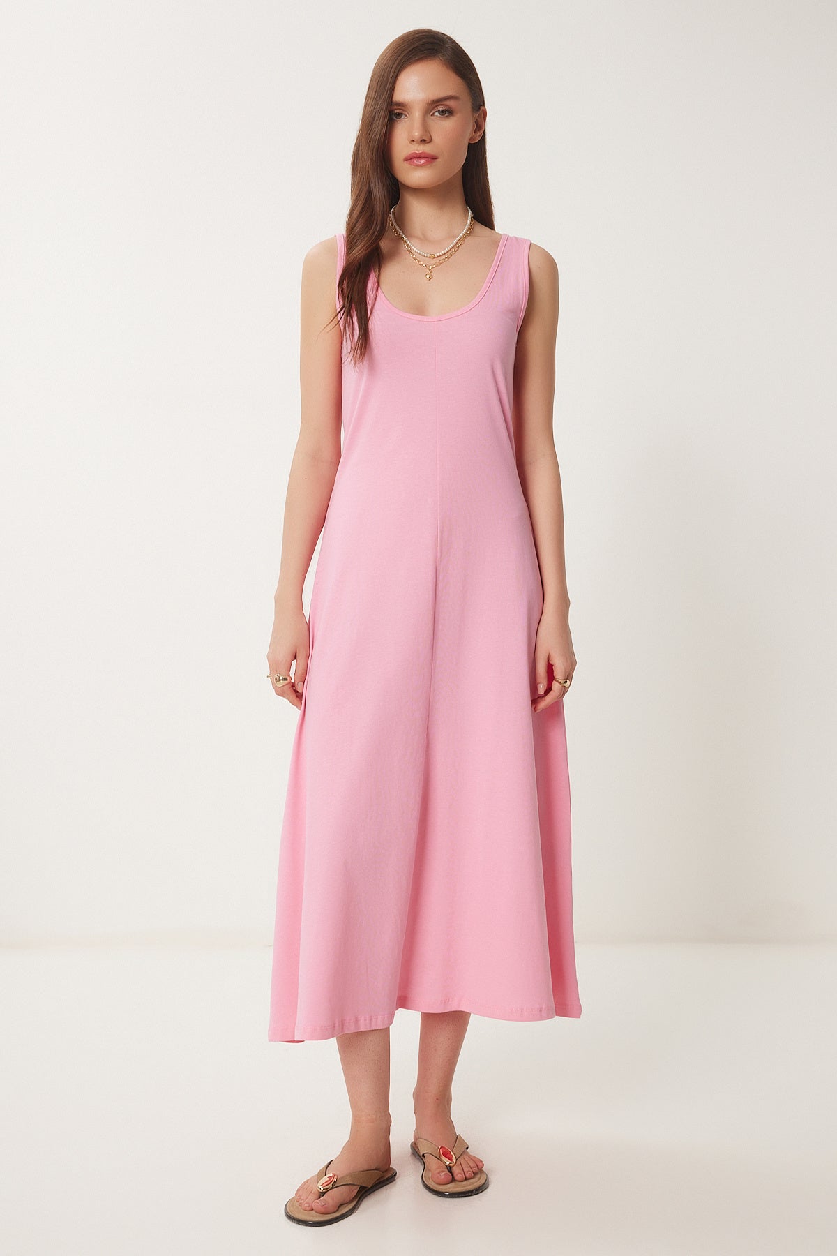 Pembe Kolsuz Basic Yazlık Örme Elbise CR00478