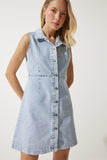 Buz Mavi Kolsuz Mini Denim Elbise AN00185