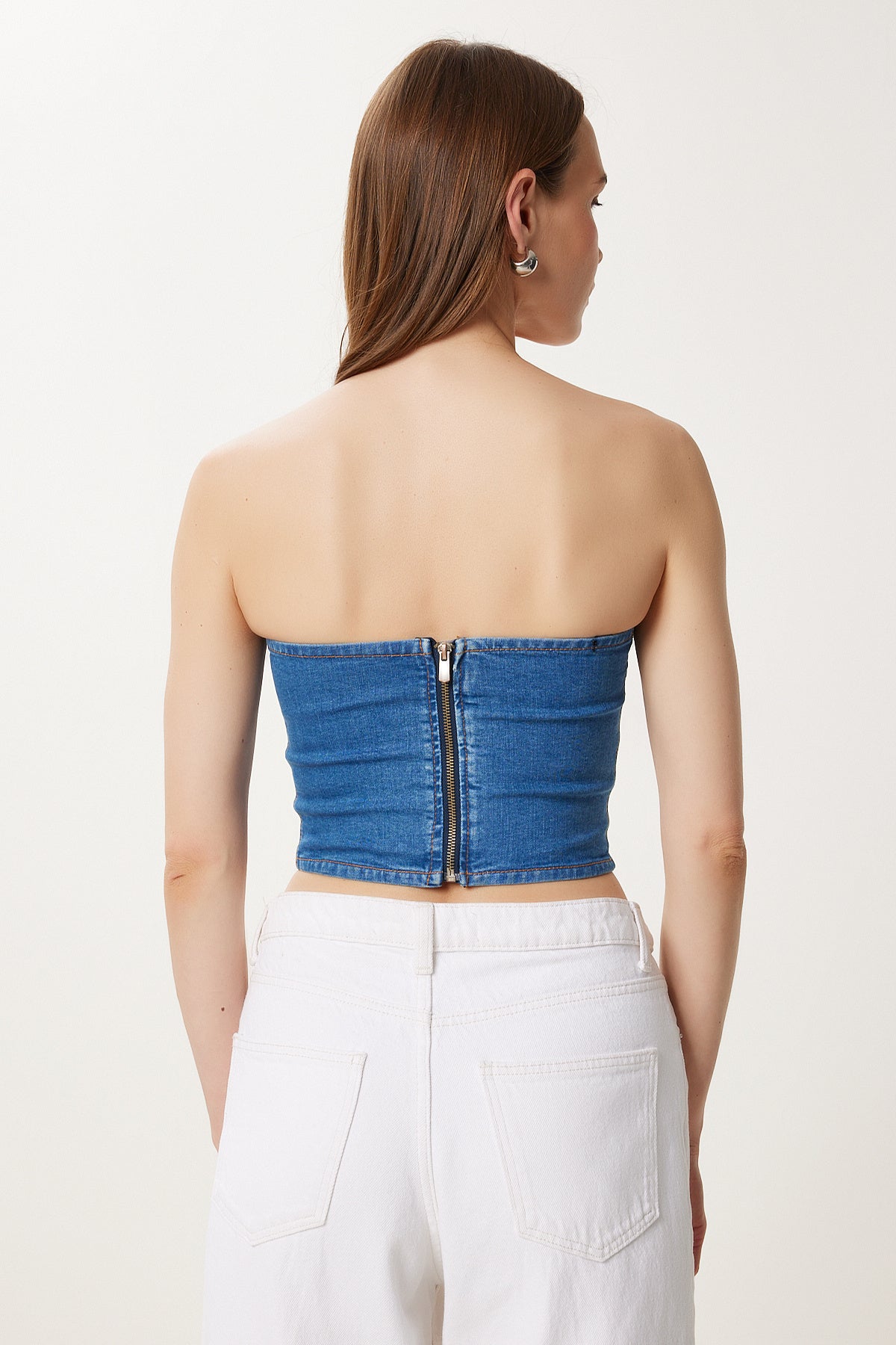 Koyu Mavi Düğme Detaylı Straplez Denim Büstiyer FG00033