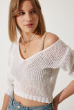 Ekru Ajurlu Crop Triko Bluz YY00212
