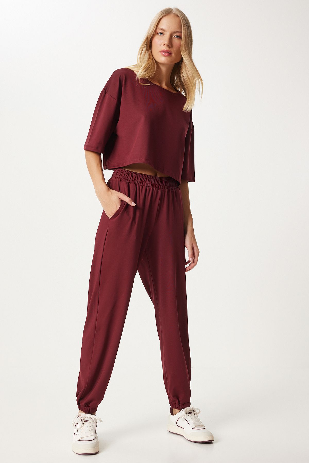Bordo Crop T-Shirt Jogger Altlı Örme Eşofman Takımı FN03316