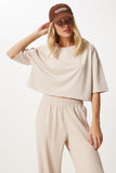 Krem Crop T-Shirt Jogger Altlı Örme Eşofman Takımı FN03316