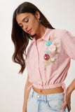 Pembe Beyaz Çiçek İşlemeli Çizgili Crop Dokuma Gömlek TP00095